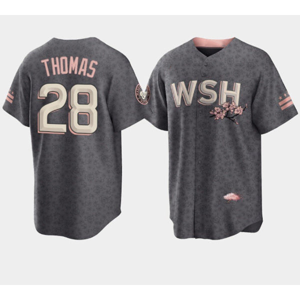 Washington Nationals #28 Lane Thomas 2022 Grey KLUNKIM City Connect Cherry Blossom Cool Base Stitched Jersey