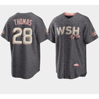 Washington Nationals #28 Lane Thomas 2022 Grey KLUNKIM City Connect Cherry Blossom Cool Base Stitched Jersey
