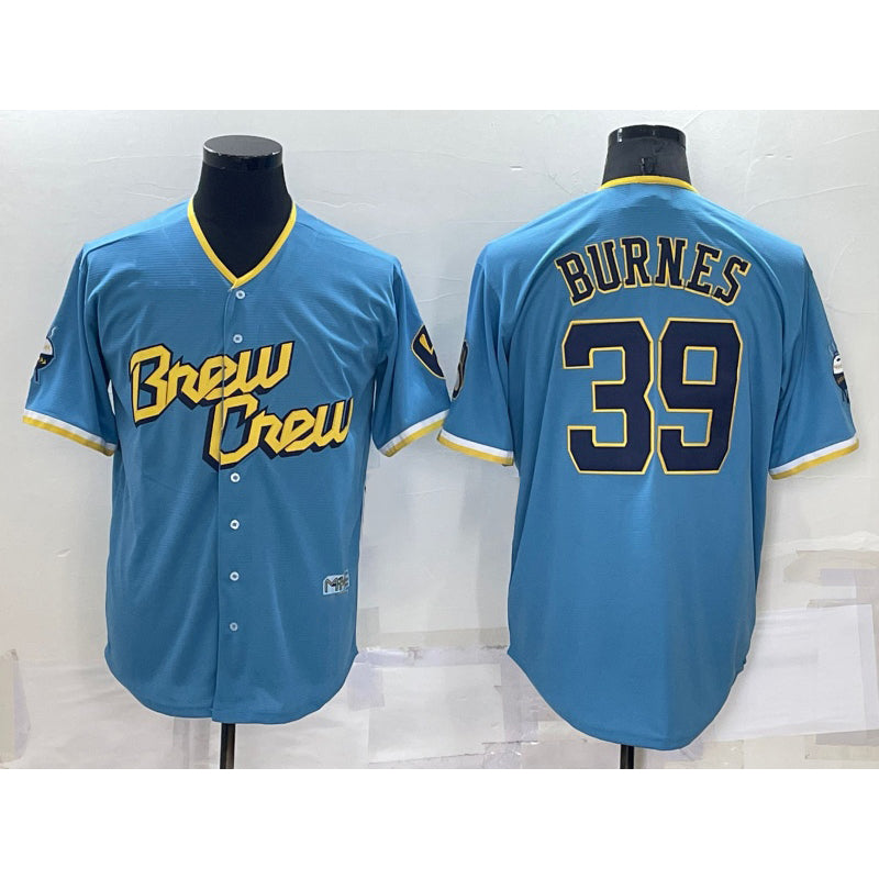 Milwaukee Brewers #39 Corbin Burnes Blue KLUNKIM 2022 City Connect Cool Base Stitched Jersey