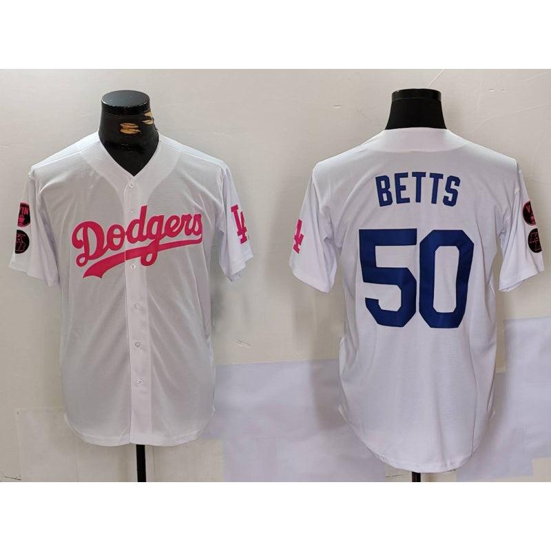 Los Angeles Dodgers #50 Mookie Betts White Pink KLUNKIM Vin & Kobe Patch Stitched Jersey1