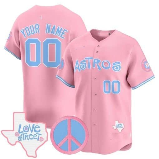 Custom Houston Astros  Love Street & Peace Sign Patch Bubblegum Pink KLUNKIM Vapor Premier Limited Jersey ¨C All Stitched