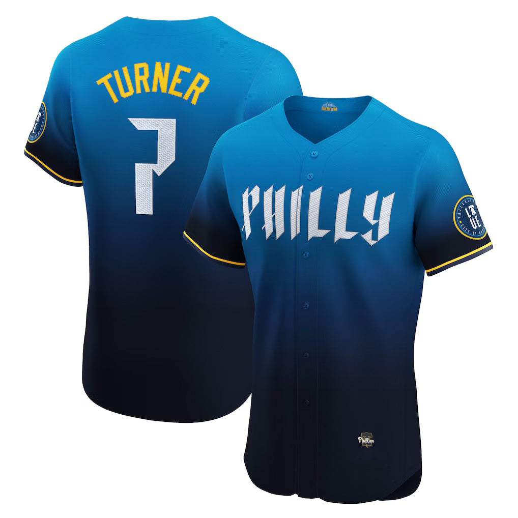 Philadelphia Phillies #7 Trea Turner Navy KLUNKIM City Connect Elite Jersey