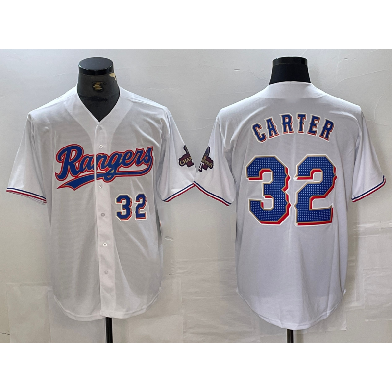 Texas Rangers #32 Evan Carter Number White KLUNKIM 2023 World Series Champions Cool Base Jerseys