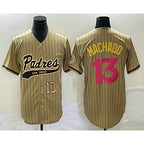 San Diego Padres #13 Manny Machado Number Tan KLUNKIM Pinstripe 2023 City Connect Cool Base Stitched Jersey