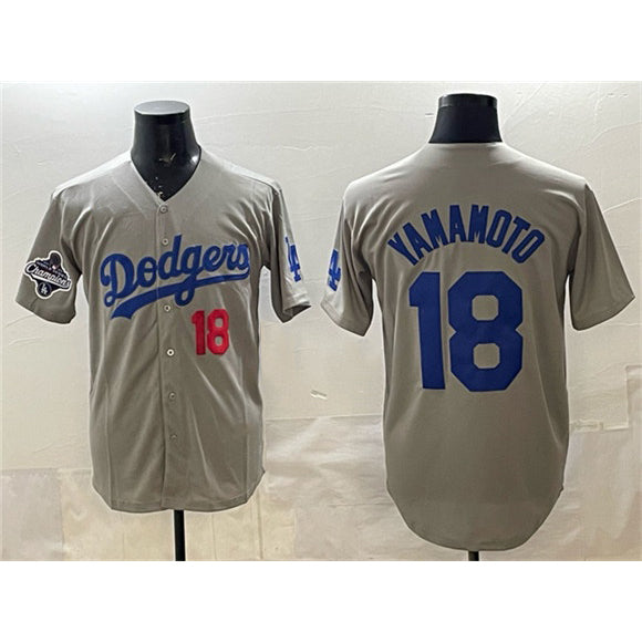 Los Angeles Dodgers #18 Yoshinobu Yamamoto Gray KLUNKIM 2025 World Series Champions Patch Stitched Jersey