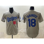 Los Angeles Dodgers #18 Yoshinobu Yamamoto Gray KLUNKIM 2025 World Series Champions Patch Stitched Jersey