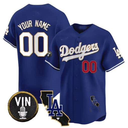 Custom Los Angeles Dodgers Vin & California Patch Gold Trim Vapor Premier Limited Jersey - Royal KLUNKIM