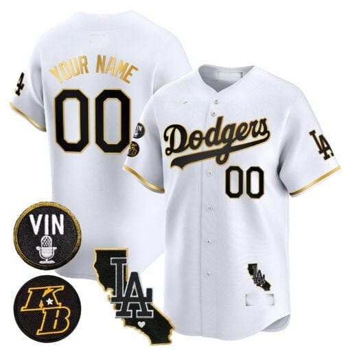 Custom Los Angeles Dodgers Vin Patch & Kobe Bryant Gold Trim Vapor Premier Limited Jersey V2 ¨C White Gold KLUNKIM
