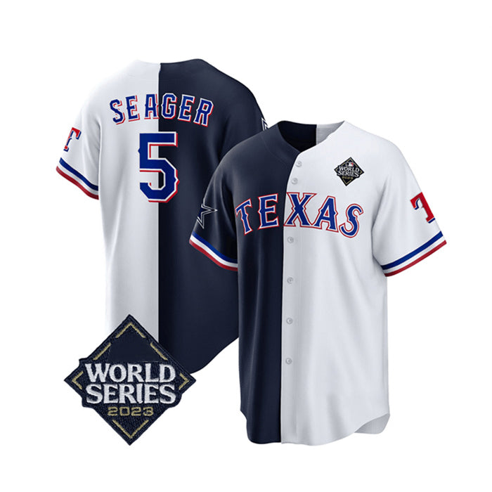 Texas Rangers & Cowboys #5 Corey Seager Navy White KLUNKIM 2023 World Series Splite Stitched Jersey