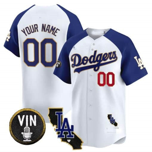 Custom Los Angeles Dodgers Vin & California Patch Gold Trim Vapor Premier Limited Jersey - White 2 KLUNKIM