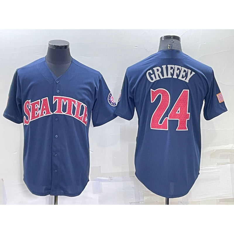 Seattle Mariners #24 Ken Griffey Navy Blue KLUNKIM Fashion Stars Stripes Cool Base Independence Day Jersey
