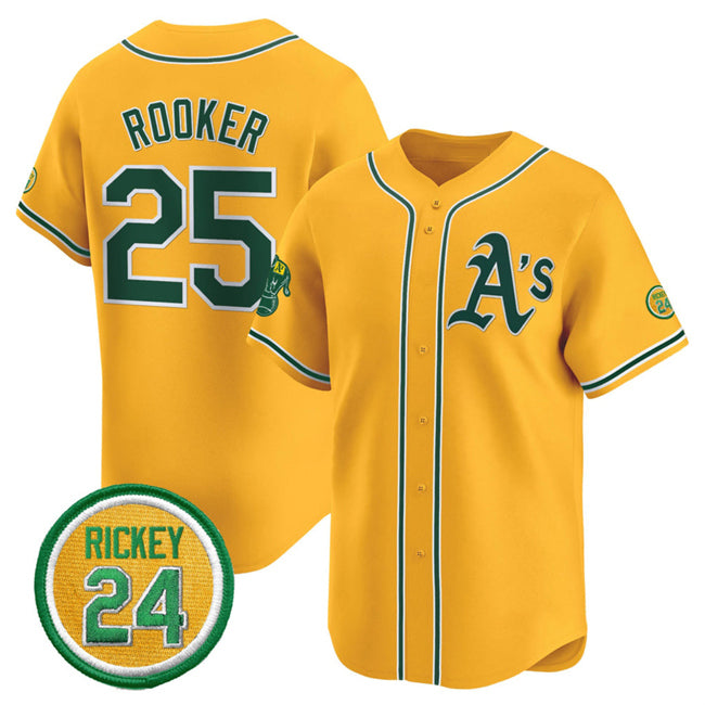 Oakland Athletics #25 Brent Rooker Yellow KLUNKIM 2024 Limited With Rickey Henderson Patch Stitched Jersey