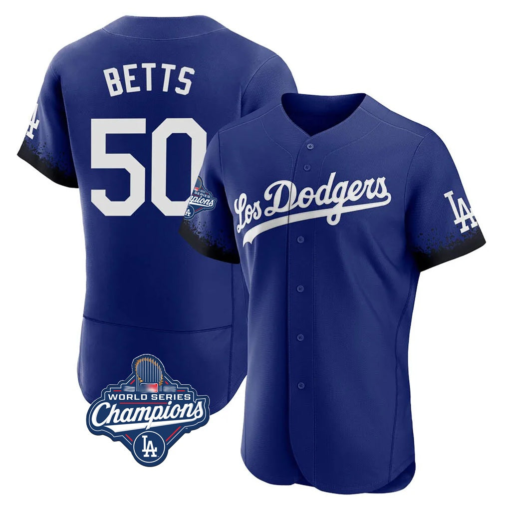 Los Angeles Dodgers #50 Mookie Betts Player Royal KLUNKIM World Series Meet City Connect Elite Home Stitched Jerseys