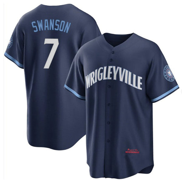 Chicago Cubs #7 Dansby Swanson Navy KLUNKIM City Connect Cool Base Stitched Jersey