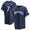 Chicago Cubs #7 Dansby Swanson Navy KLUNKIM City Connect Cool Base Stitched Jersey
