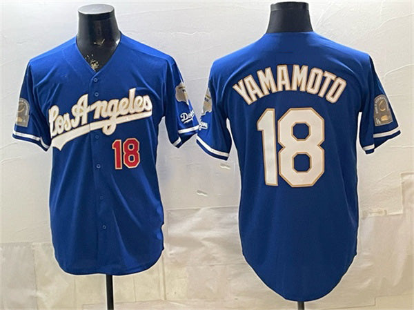 Los Angeles Dodgers #18 Yoshinobu Yamamoto Royal KLUNKIM 2026 Gold Collection 9x & B2B Champs Patch Stitched Jersey