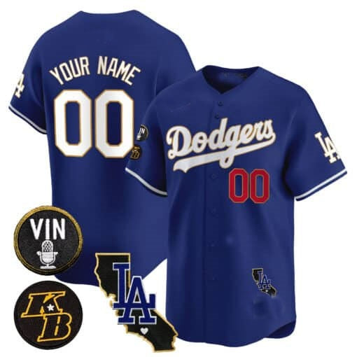 Custom Los Angeles Dodgers Vin Patch & Kobe Bryant Gold Trim Vapor Premier Limited Jersey V2 ¨C Royal KLUNKIM