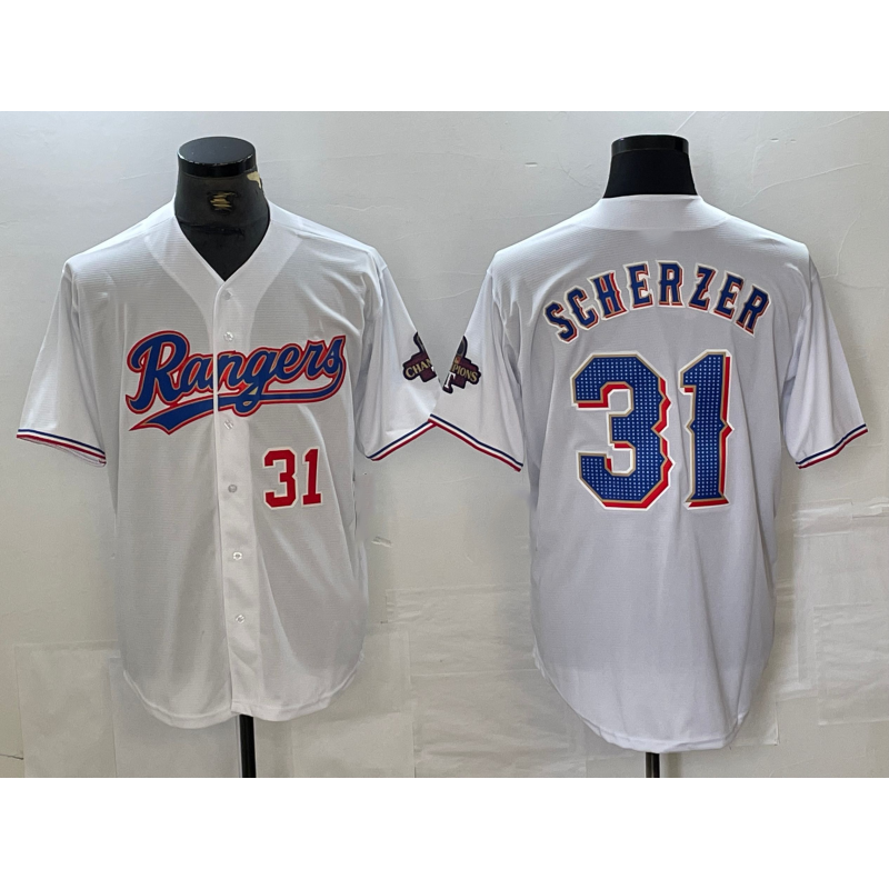 Texas Rangers #31 Max Scherzer Number White KLUNKIM 2023 World Series Champions Cool Base Jersey 2