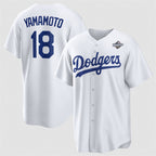 Los Angeles Dodgers #18 Yoshinobu Yamamoto White KLUNKIM 2025 World Series Home Cool Base Stitched Jersey