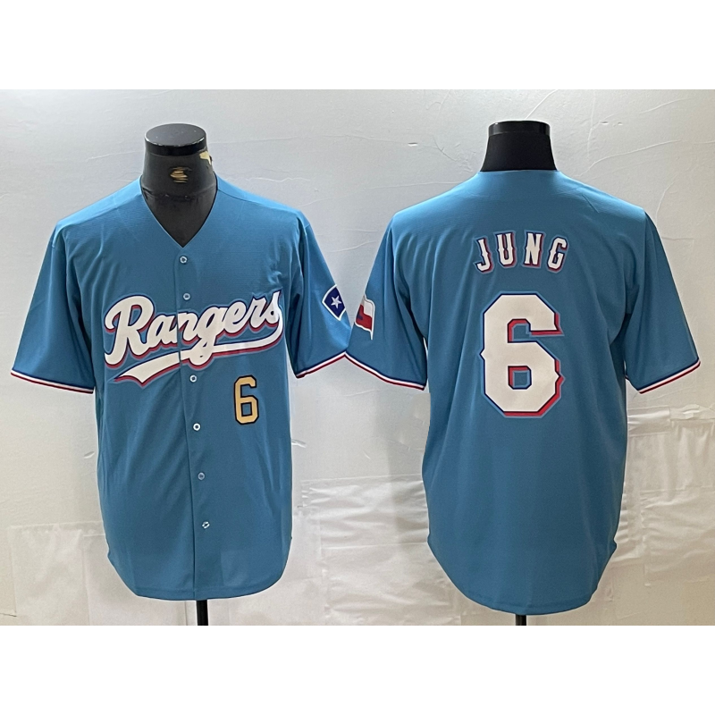 Texas Rangers #6 Josh Jung Number Light Blue KLUNKIM Team Logo Cool Base Jersey