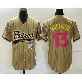 San Diego Padres #13 Manny Machado Tan KLUNKIM Pinstripe 2023 City Connect Cool Base Stitched Jersey