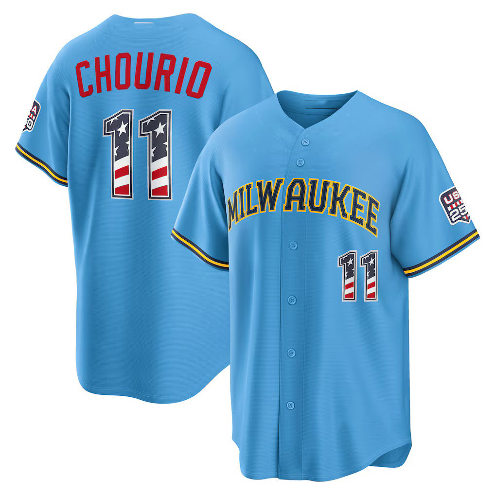 Milwaukee Brewers #11 Jackson Chourio USA 250 Fourth of July Road Stadium Jersey - Light Blue KLUNKIM