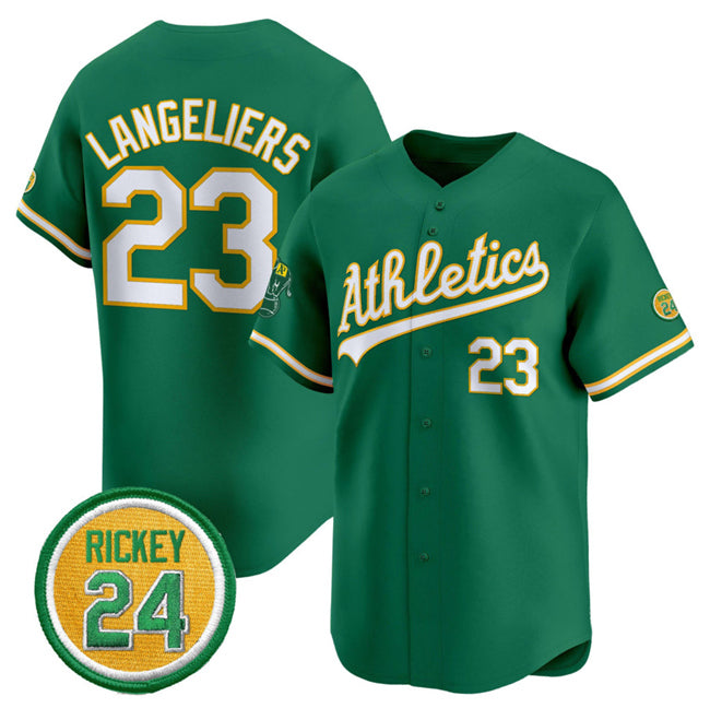 Oakland Athletics #23 Shea Langeliers Green KLUNKIM 2024 Limited With Rickey Henderson Patch Stitched Jersey