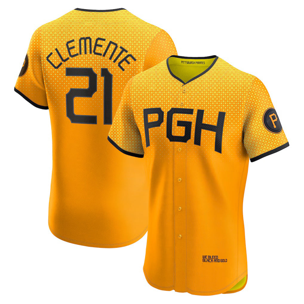Pittsburgh Pirates #21 Roberto Clemente Gold KLUNKIM City Connect Elite Player Jersey