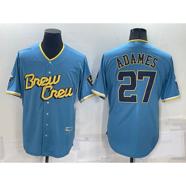 Milwaukee Brewers #27 Willy Adames 2022 Powder Blue KLUNKIM City Connect Cool Base Stitched Jersey