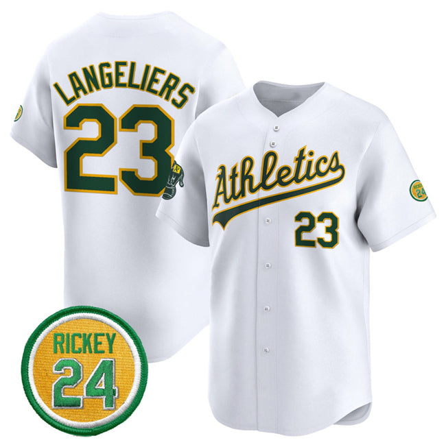 Oakland Athletics #23 Shea Langeliers White KLUNKIM 2024 Home Limited With Rickey Henderson Patch Stitched Jersey