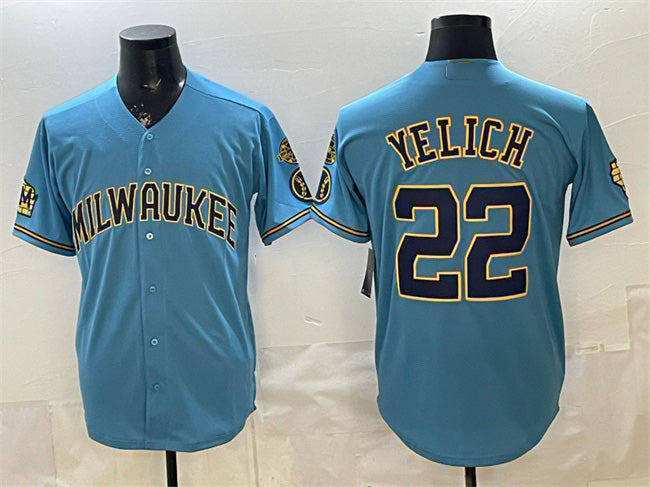 Milwaukee Brewers #22 Christian Yelich Blue KLUNKIM With Home & Bob Uecker Patch Stitched Jersey