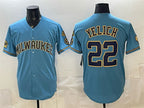 Milwaukee Brewers #22 Christian Yelich Blue KLUNKIM With Home & Bob Uecker Patch Stitched Jersey