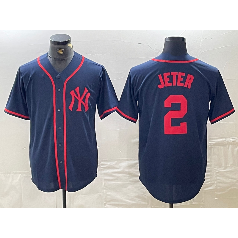 New York Yankees #2 Derek Jeter Navy Red KLUNKIM Fashion Cool Base Jersey