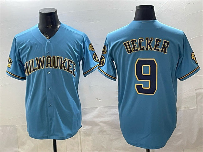 Milwaukee Brewers #9 Bob Uecker Blue KLUNKIM With Home & Bob Uecker Patch Stitched Jersey