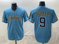 Milwaukee Brewers #9 Bob Uecker Blue KLUNKIM With Home & Bob Uecker Patch Stitched Jersey