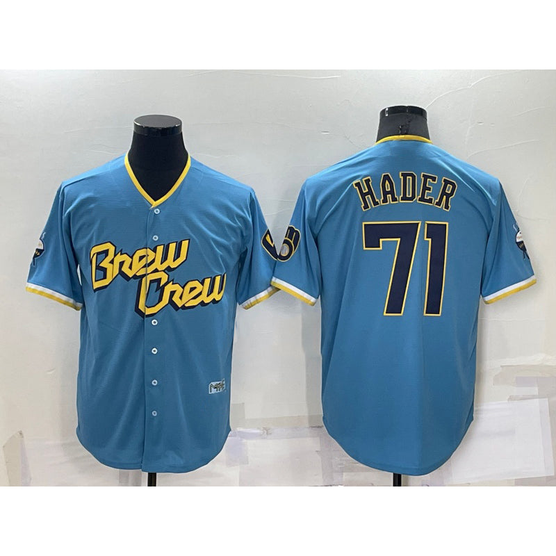 Milwaukee Brewers #71 Josh Hader Blue KLUNKIM 2022 City Connect Cool Base Stitched Jersey