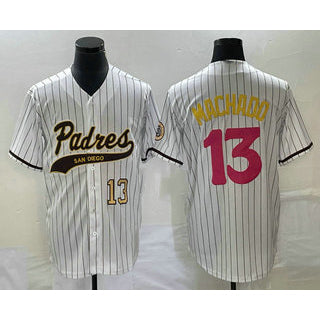 San Diego Padres #13 Manny Machado Number White KLUNKIM Pinstripe 2023 City Connect Cool Base Stitched Jersey