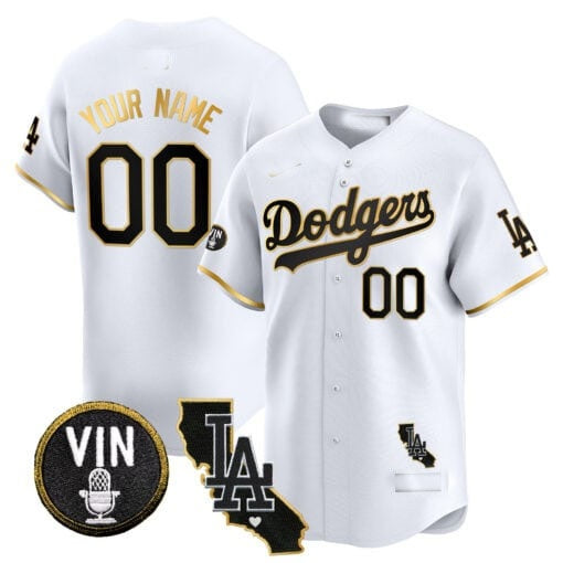 Custom Los Angeles Dodgers Vin & California Patch Gold Trim Vapor Premier Limited Jersey ¨C White Gold KLUNKIM