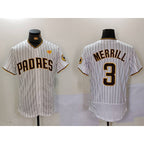 San Diego Padres #3 Jackson Merrill White KLUNKIM With PS Patch Stitched Flex Base Jersey 2