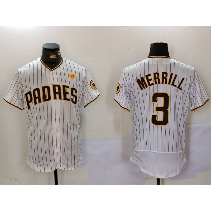 San Diego Padres #3 Jackson Merrill White KLUNKIM With PS Patch Stitched Flex Base Jersey 2