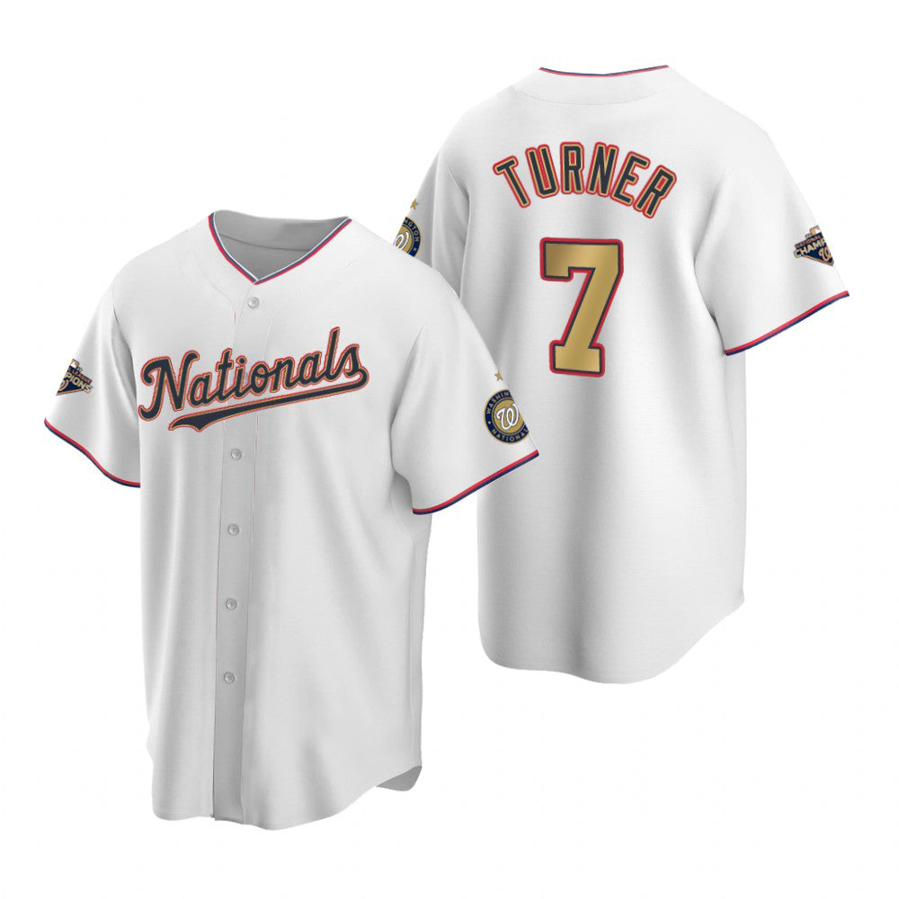 Washington Nationals #7 Trea Turner White Gold KLUNKIM 2019 World Series Champions Stitched Cool Base Jersey