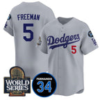 Los Angeles Dodgers #5 Freddie Freeman Grey KLUNKIM 2024 World Series With Fernando Memorial Patch Limited Stitched Jersey