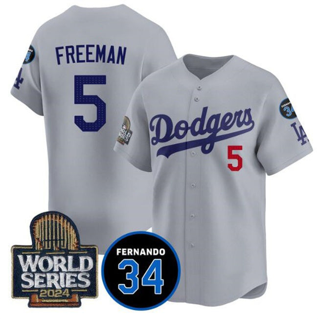 Los Angeles Dodgers #5 Freddie Freeman Grey KLUNKIM 2024 World Series With Fernando Memorial Patch Limited Stitched Jersey
