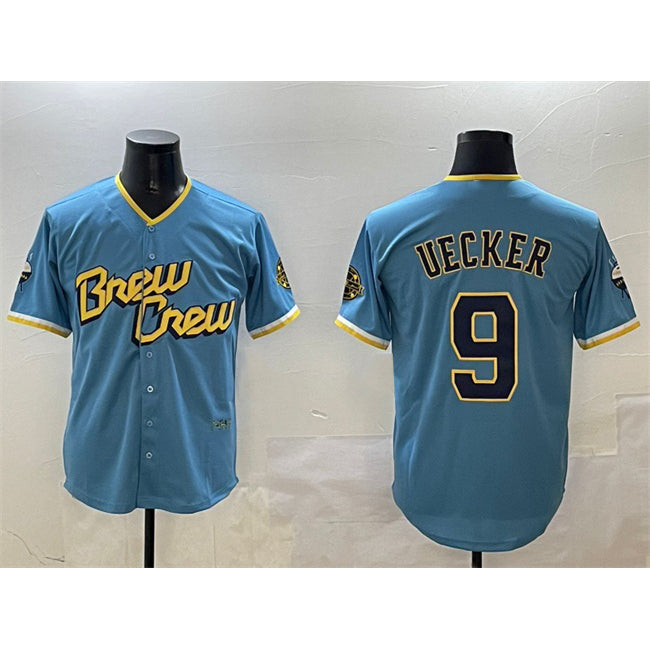 Milwaukee Brewers #9 Bob Uecker Powder Blue KLUNKIM City Connect With Patch Cool Base Stitched Jersey
