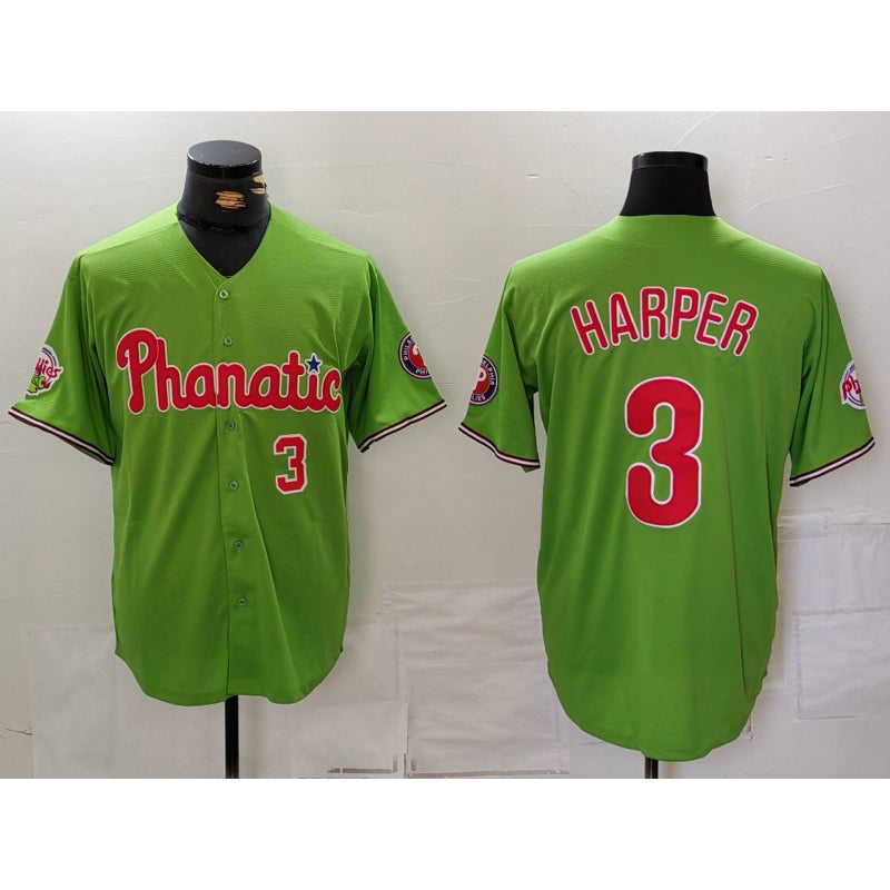 Philadelphia Phillies #3 Bryce Harper Number Green KLUNKIM With Patch Stitched Cool Base Jersey