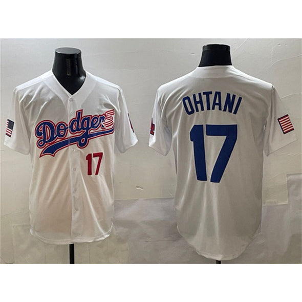 Los Angeles Dodgers #17 Shohei Ohtani White KLUNKIM With American Flag Patch Limited Stitched Jersey