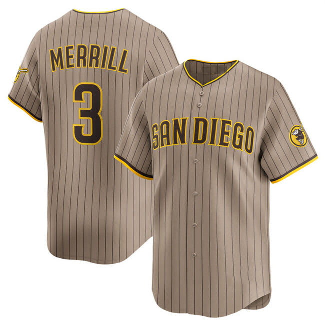 San Diego Padres #3 Jackson Merrill Tan KLUNKIM 2024 Alternate Limited Stitched Jersey