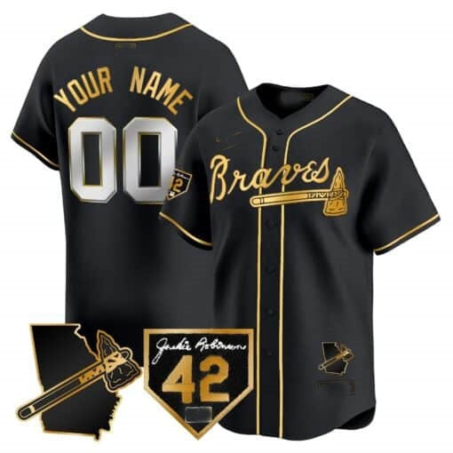 Custom Atlanta Braves 2024 Robinson & Georgia Patch Vapor Premier Limited Jersey ¨C Black Gold KLUNKIM
