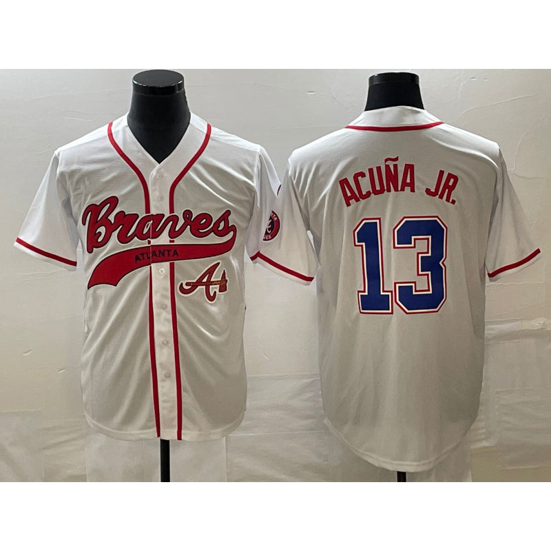 Atlanta Braves #13 Ronald Acuna Jr White KLUNKIM Cool Base With Patch Stitched Jersey 2