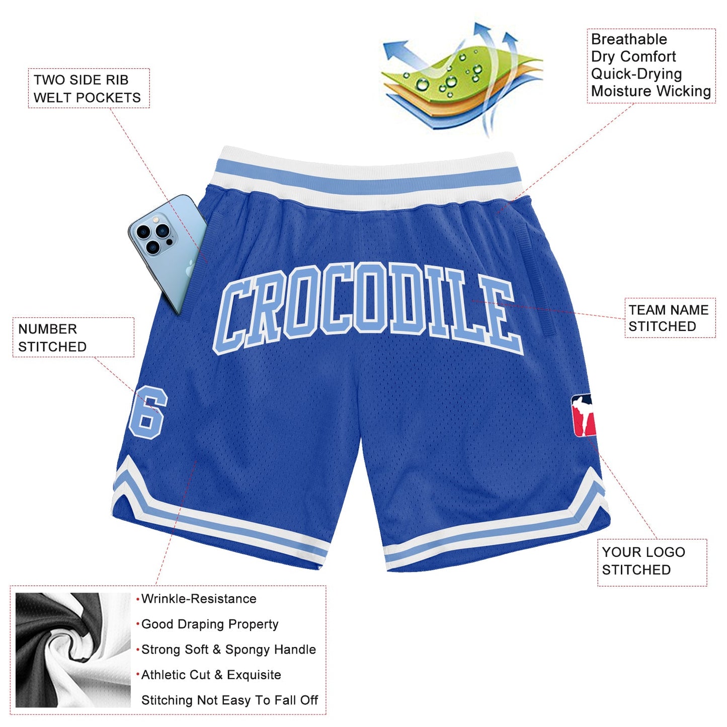 Custom Blue Light Blue-White Authentic Throwback Basketball Shorts